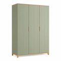 Armoire de chambre 3 portes rectangulaire en panneaux MDF vert sauge et bois massif 160 x 55 x 200 cm
