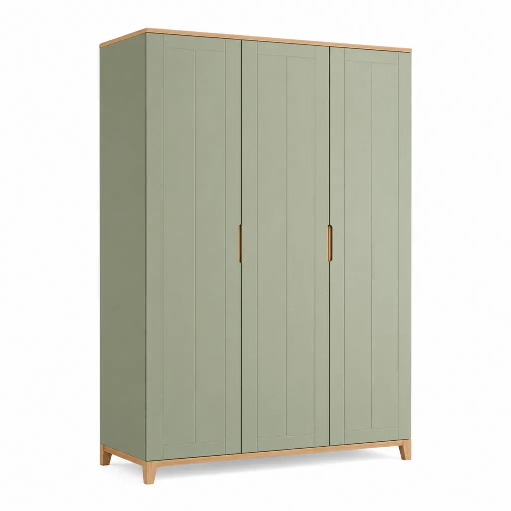 Armoire de chambre 3 portes rectangulaire en panneaux MDF vert sauge et bois massif 160 x 55 x 200 cm