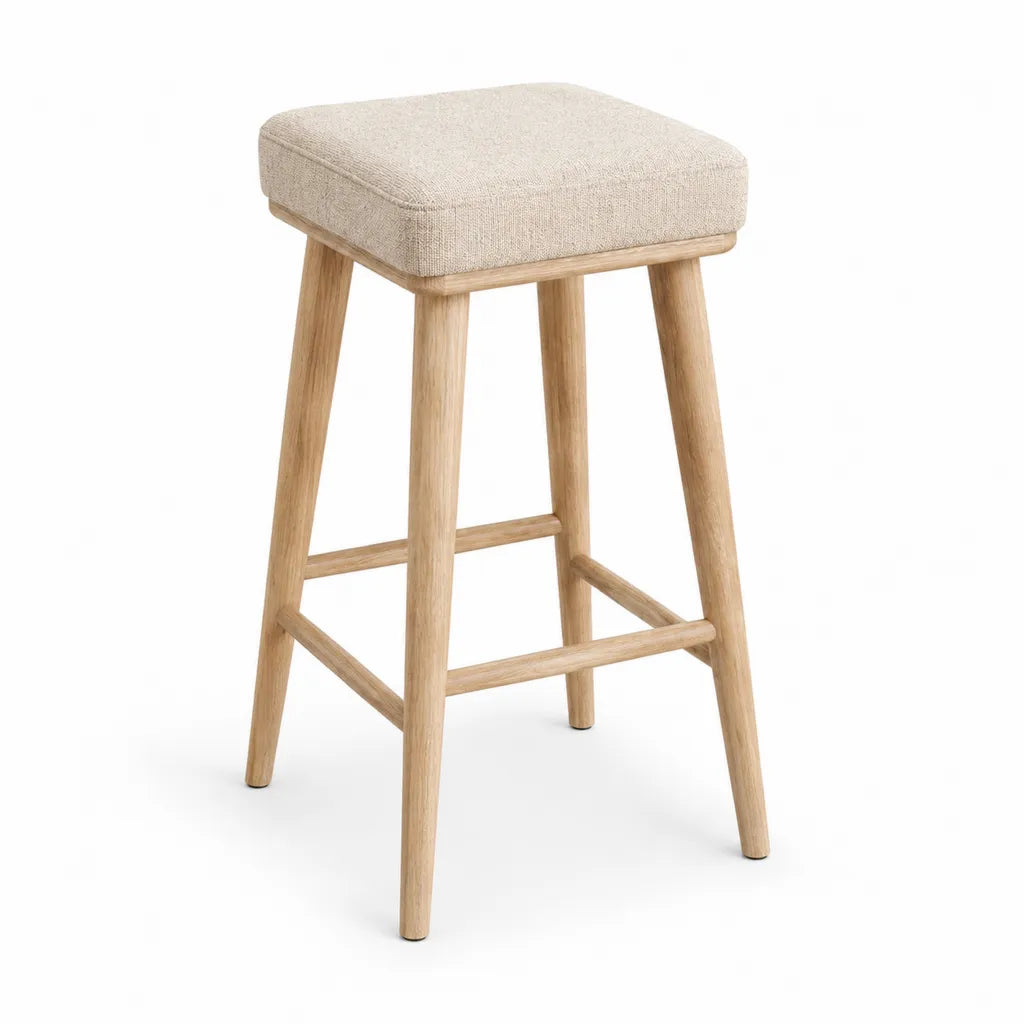 Tabouret de bar en chêne massif avec siège rembourré rectangulaire beige 45 x 38 x 65 cm
