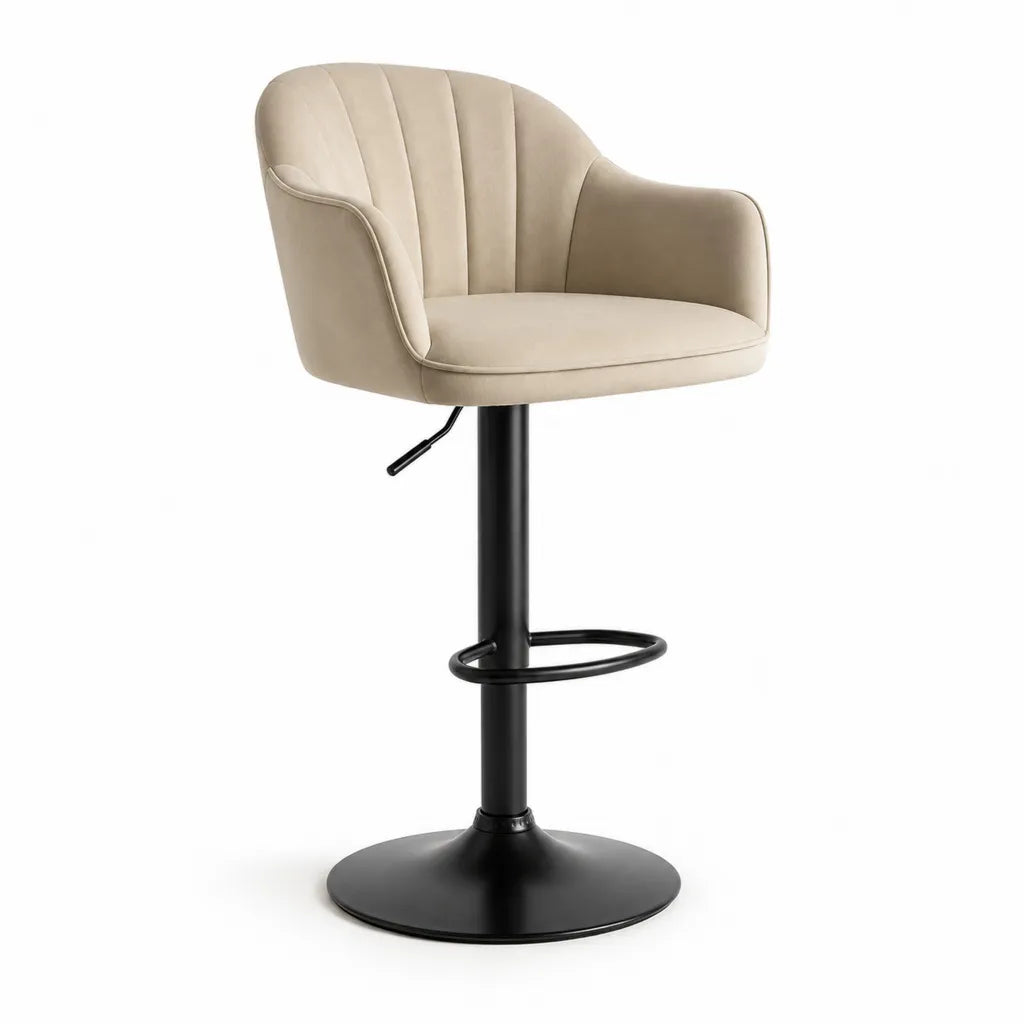 Tabouret de bar réglable pivotant arrondi en polyester beige avec piètement en acier noir 52 x 55 x 88-108 cm