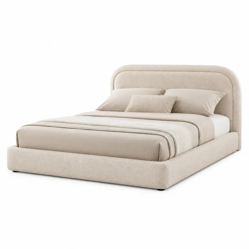 Lit coffre 160 x 200 cm capitonné en polyester bouclé beige avec tête de lit arrondie