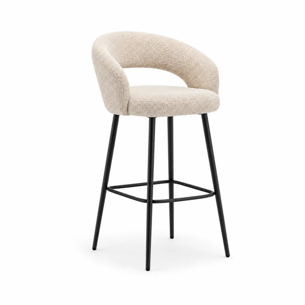 Tabouret de bar avec accoudoirs en polyester bouclette beige et acier noir 54 x 52 x 96 cm