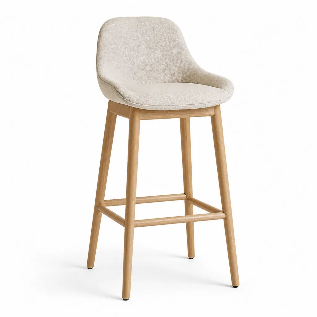Tabouret de bar avec dossier en chêne massif et polyester bouclé beige 50 x 53 x 99 cm