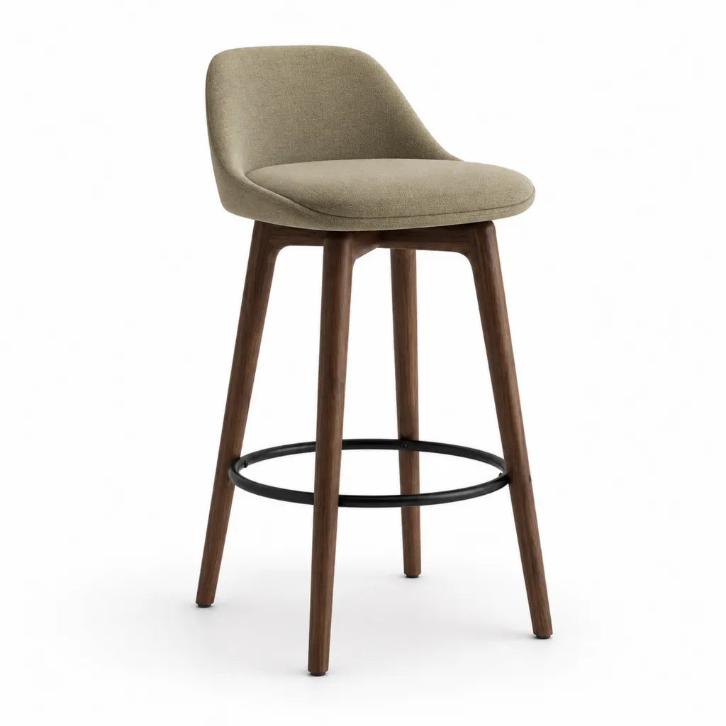 Tabouret de bar à dossier 47 x 53 x 102 cm assise en polyester pieds en hévéa massif taupe forme arrondie