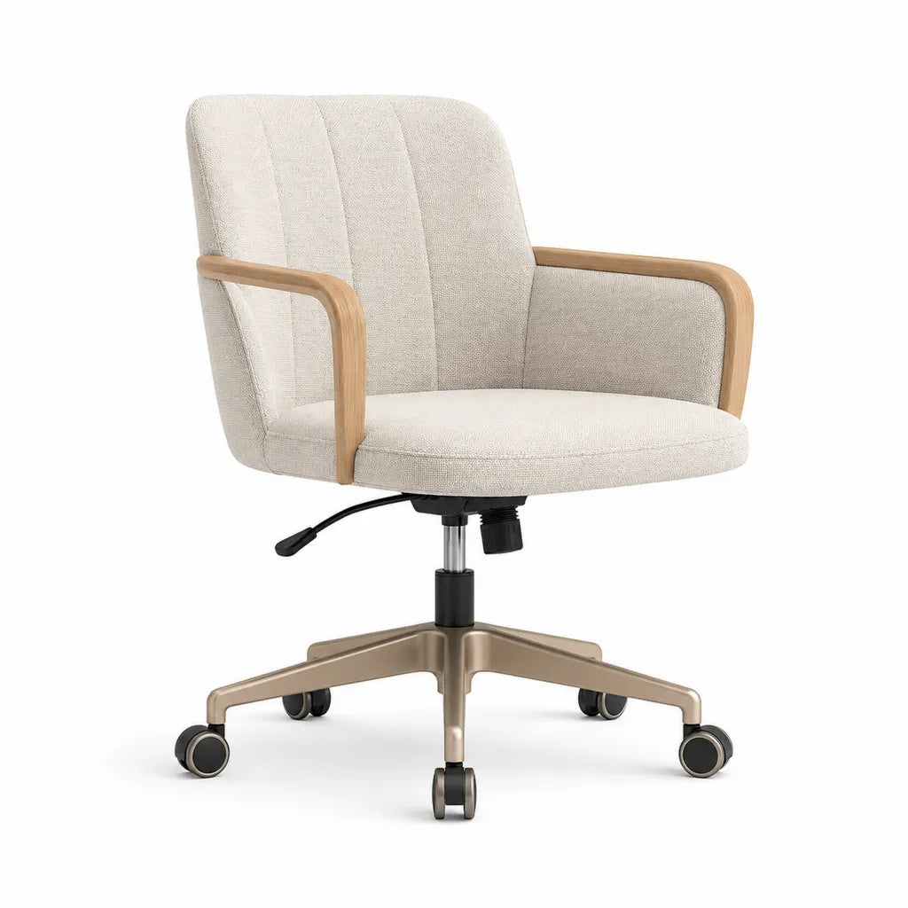 Chaise de bureau pivotante à roulettes avec accoudoirs en polyester beige 62 x 63 x 88-98 cm