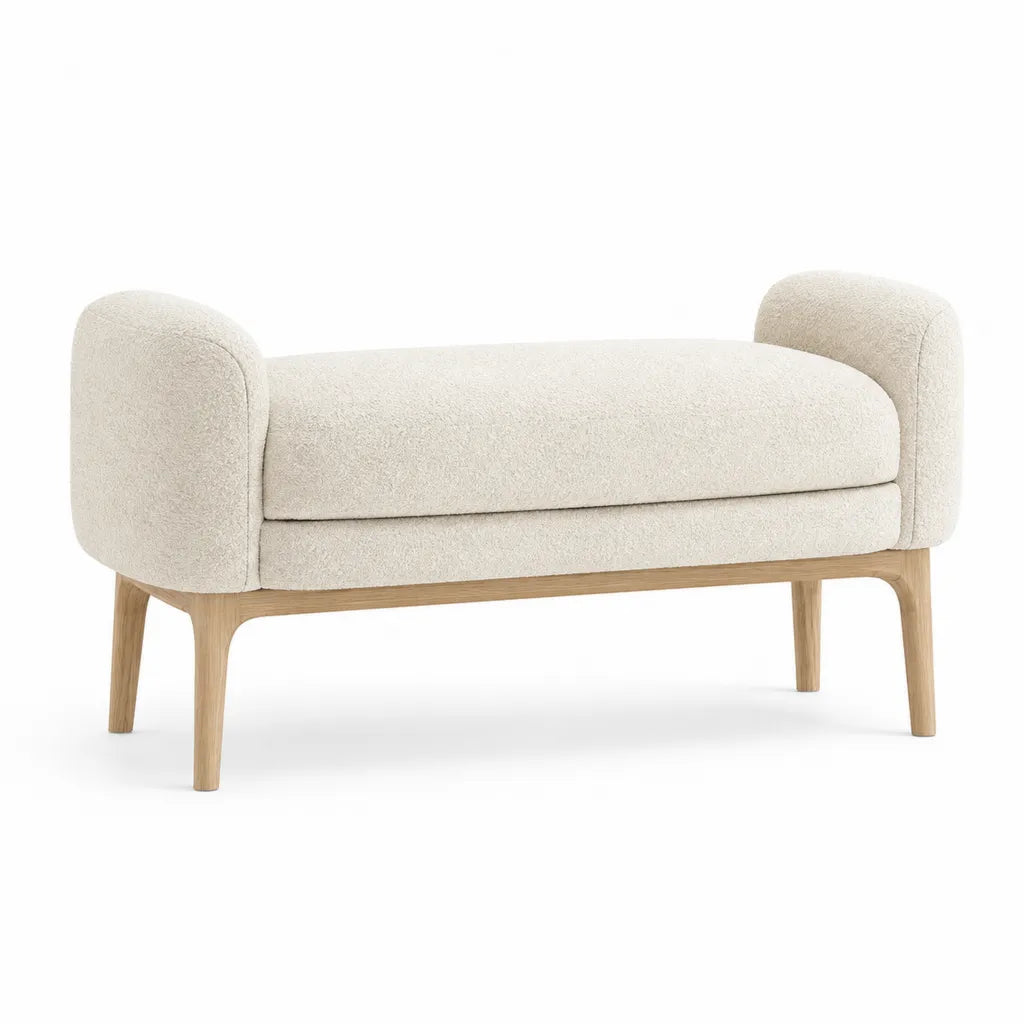 Banc de bout de lit avec accoudoirs 120 x 45 x 58 cm en polyester bouclette beige pieds en hévéa massif
