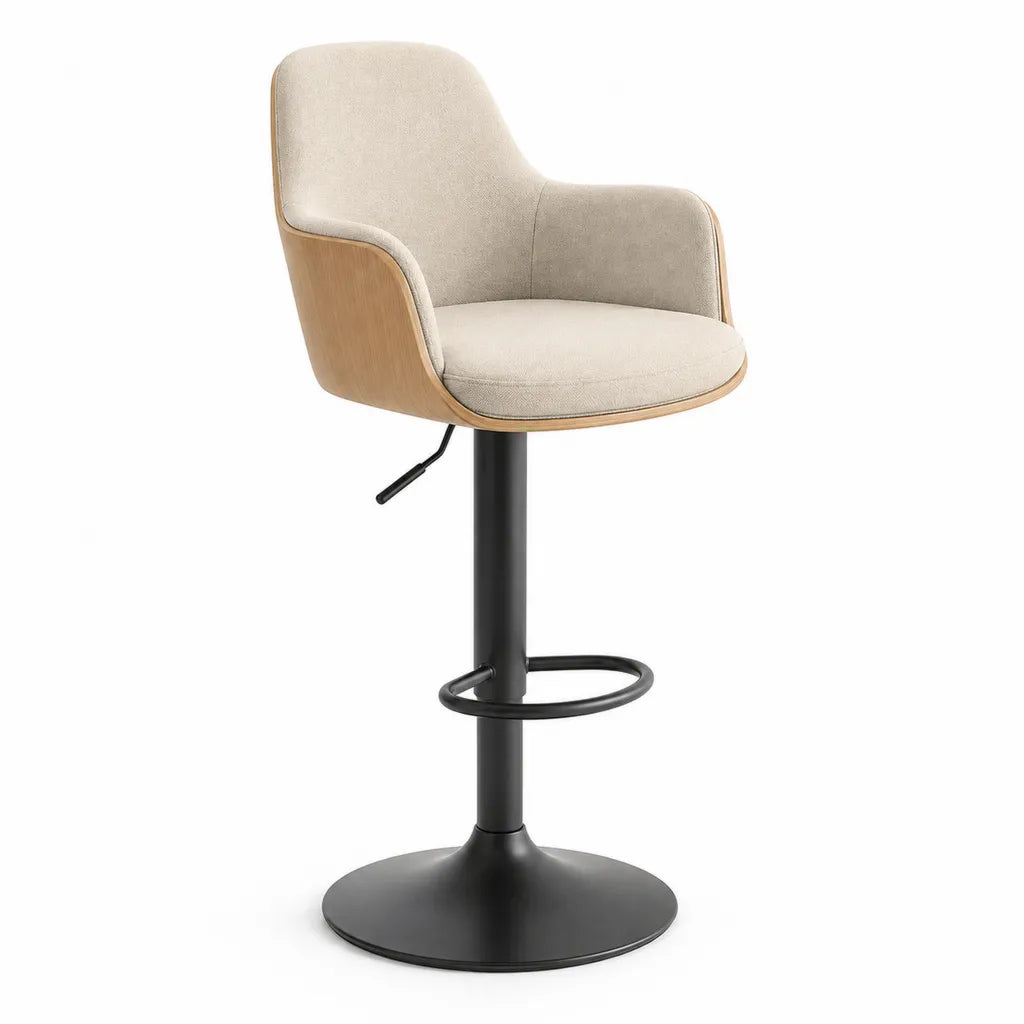 Tabouret de bar réglable avec accoudoirs en contreplaqué plaqué chêne et tissu beige 55 x 54 x 91-112 cm