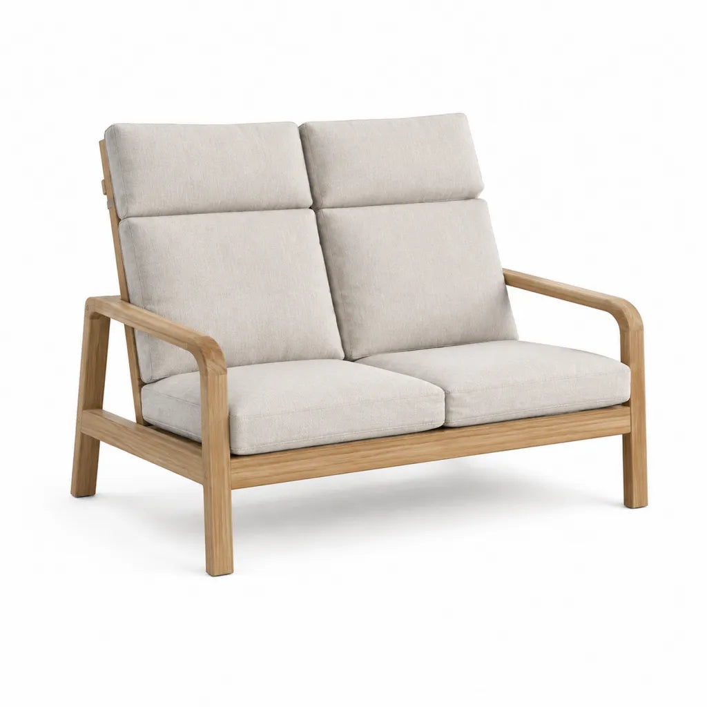 Banc de jardin droit 2 places en acacia massif avec coussins en polyester beige 125 x 75 x 82 cm