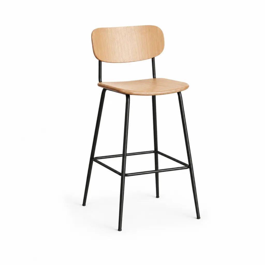 Tabouret de bar avec dossier en contreplaqué plaqué chêne et acier noir 44 x 48 x 100 cm