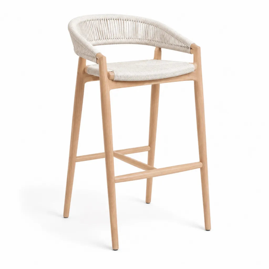 Tabouret de bar avec dossier en bois massif d'hévéa et corde de papier blanc naturel 55 x 53 x 100 cm