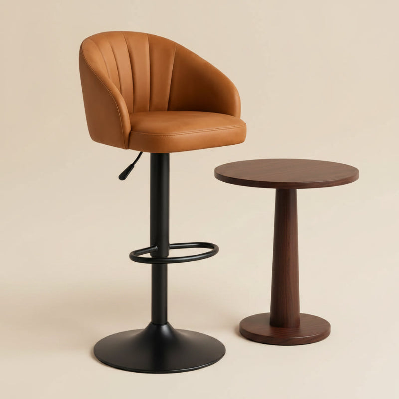 Tabouret de bar réglable pivotant en similicuir PU camel avec dossier incurvé 50 x 52 x 91-112 cm