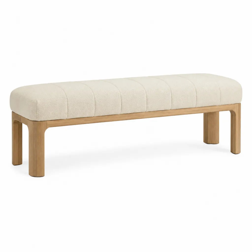 Banc de bout de lit rembourré 120 x 40 x 45 cm en polyester bouclette et bois d'hévéa beige naturel rectangulaire