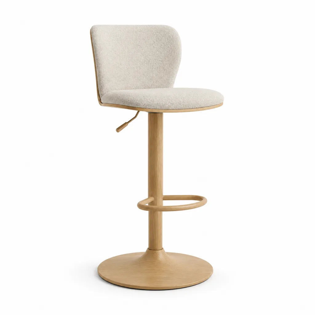 Tabouret de bar réglable pivotant en polyester bouclé et placage chêne beige naturel 50 x 51 x 90-112 cm