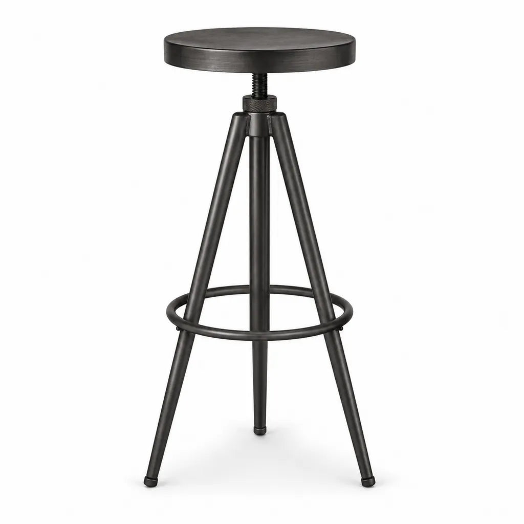 Tabouret de bar réglable à vis en acier et bois massif rond noir hauteur 60-80 cm diamètre 35 cm