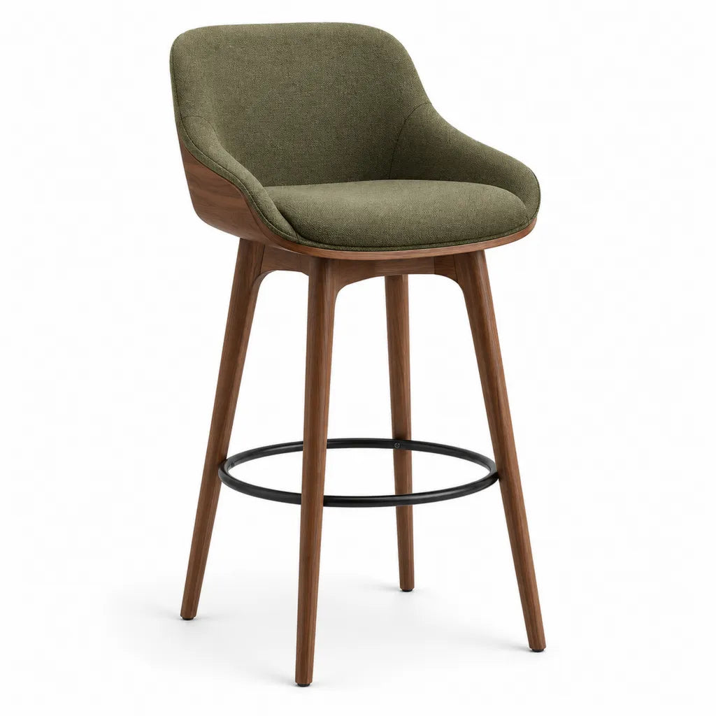 Tabouret de bar avec dossier en polyester vert olive et noyer massif 51 x 54 x 98 cm